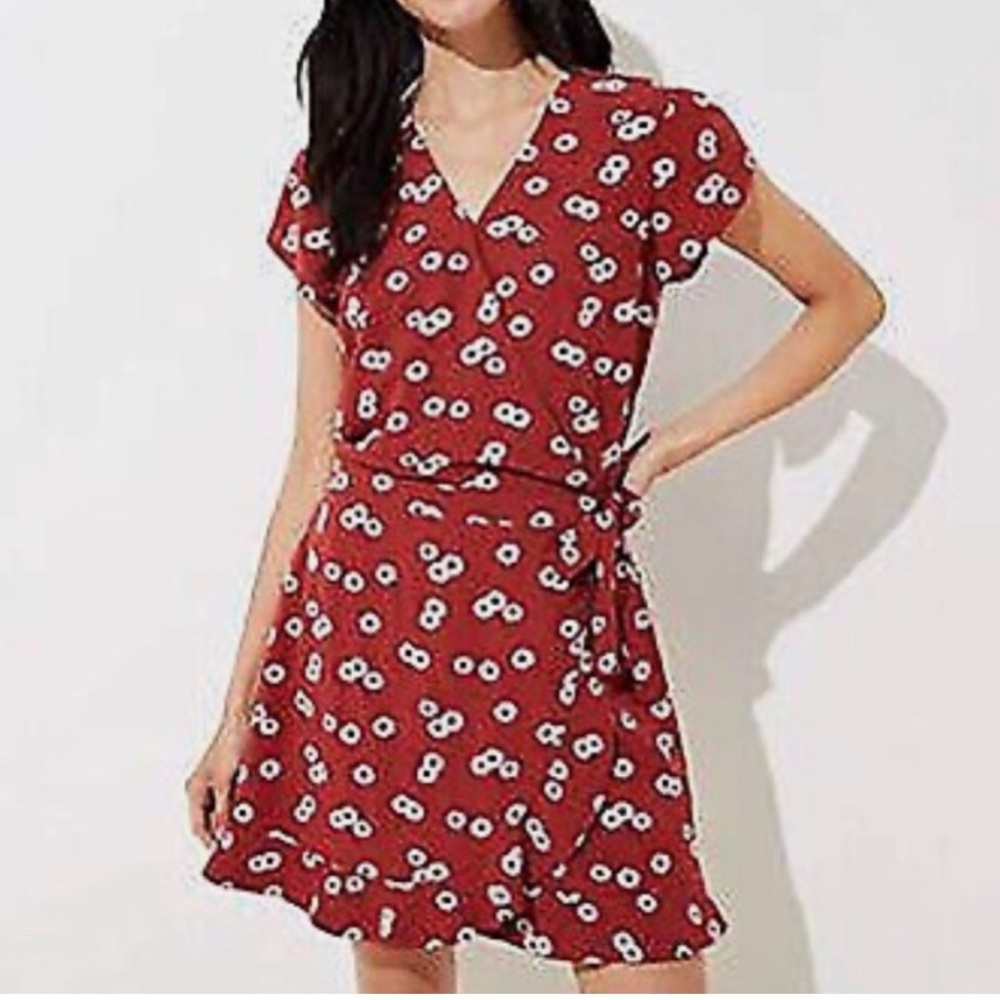 Ann Taylor LOFT Rust V-Neck Floral Romper with Wrap Skirt, 00 Petite